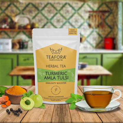 Image 2 of TEAFORA Turmeric Amla Tulsi Herbal Tea | CAFFEINE-FREE | Blended with Ginger, Blueberry, Cinnamon & Stevia | Improves Hair Growth, Supports Immunity