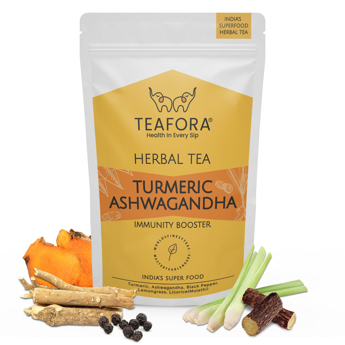 Image 1 of TEAFORA Turmeric Ashwagandha Herbal Tea | CAFFEINE-FREE | Indian Superfoods Blended with Black Pepper & Licorice | Supports Immunity | 100% NATURAL INGREDIENTS