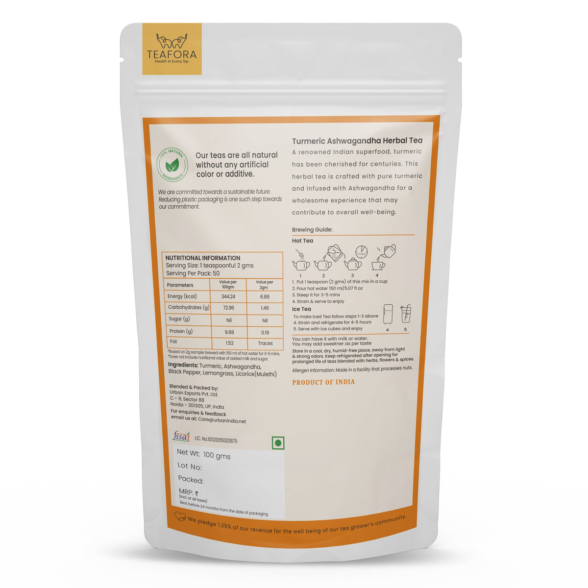 Image 4 of TEAFORA Turmeric Ashwagandha Herbal Tea | CAFFEINE-FREE | Indian Superfoods Blended with Black Pepper & Licorice | Supports Immunity | 100% NATURAL INGREDIENTS