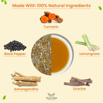 Image 3 of TEAFORA Turmeric Ashwagandha Herbal Tea | CAFFEINE-FREE | Indian Superfoods Blended with Black Pepper & Licorice | Supports Immunity | 100% NATURAL INGREDIENTS