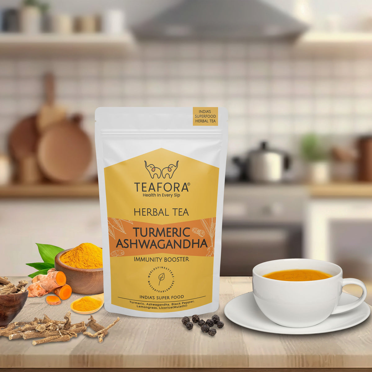 Image 2 of TEAFORA Turmeric Ashwagandha Herbal Tea | CAFFEINE-FREE | Indian Superfoods Blended with Black Pepper & Licorice | Supports Immunity | 100% NATURAL INGREDIENTS