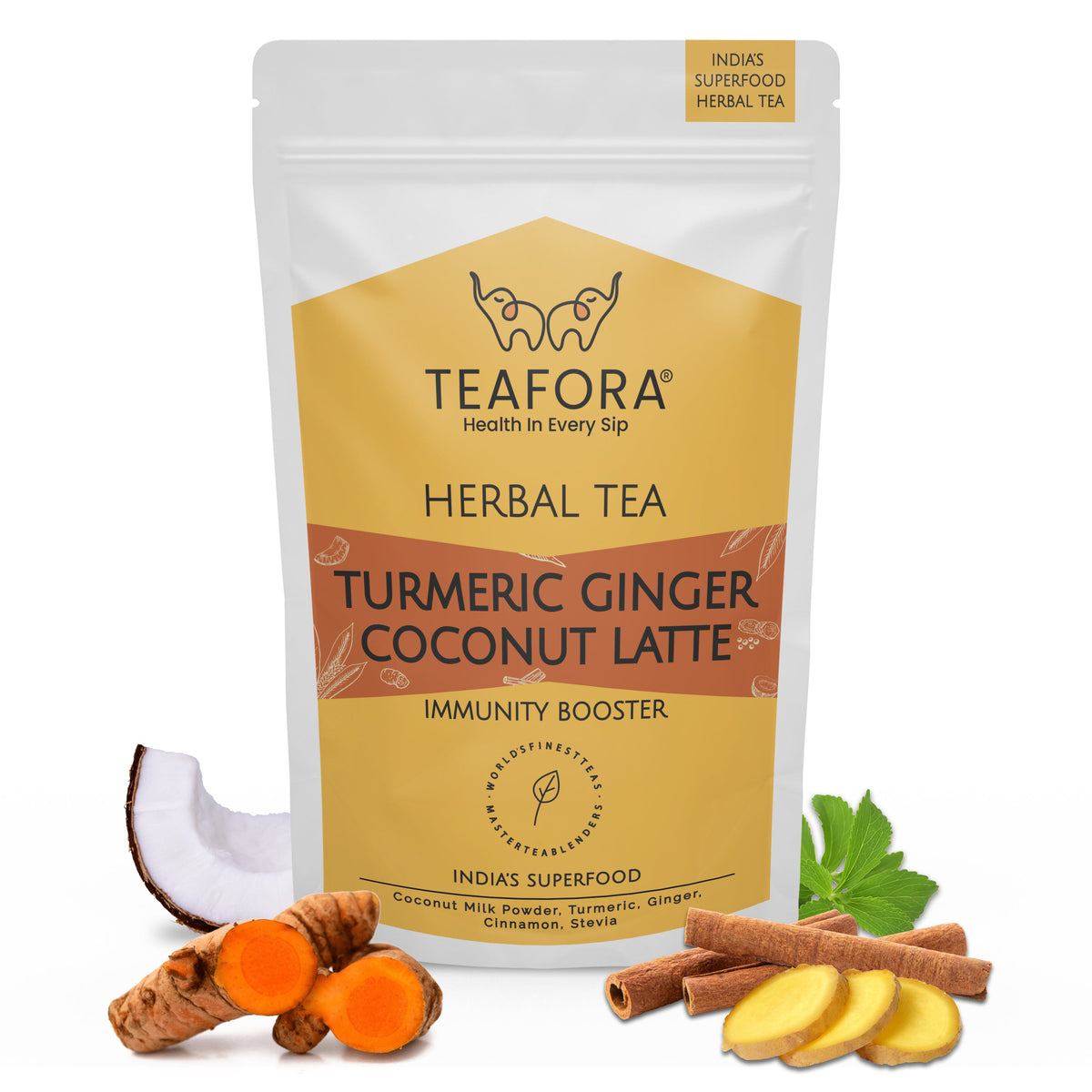 Image 1 of TEAFORA Turmeric Ginger Coconut Latte | Indian Superfoods with Coconut Milk Powder | Aids Digestion, Relieves Stress & Supports Immunity | 100% NATURAL