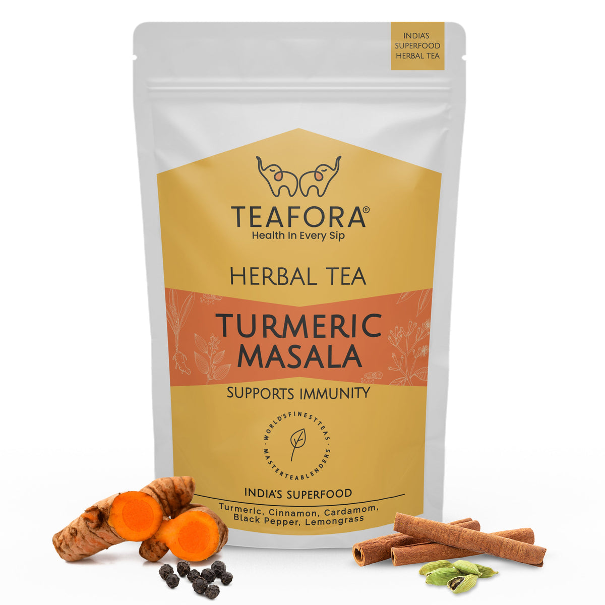 Image 1 of TEAFORA Turmeric Masala Herbal Tea | CAFFEINE-FREE | 100% NATURAL | Immunity Support Tea | Turmeric, Cinnamon, Cardamom, Black Pepper, Lemongrass