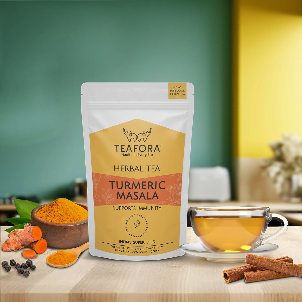 Image 2 of TEAFORA Turmeric Masala Herbal Tea | CAFFEINE-FREE | 100% NATURAL | Immunity Support Tea | Turmeric, Cinnamon, Cardamom, Black Pepper, Lemongrass