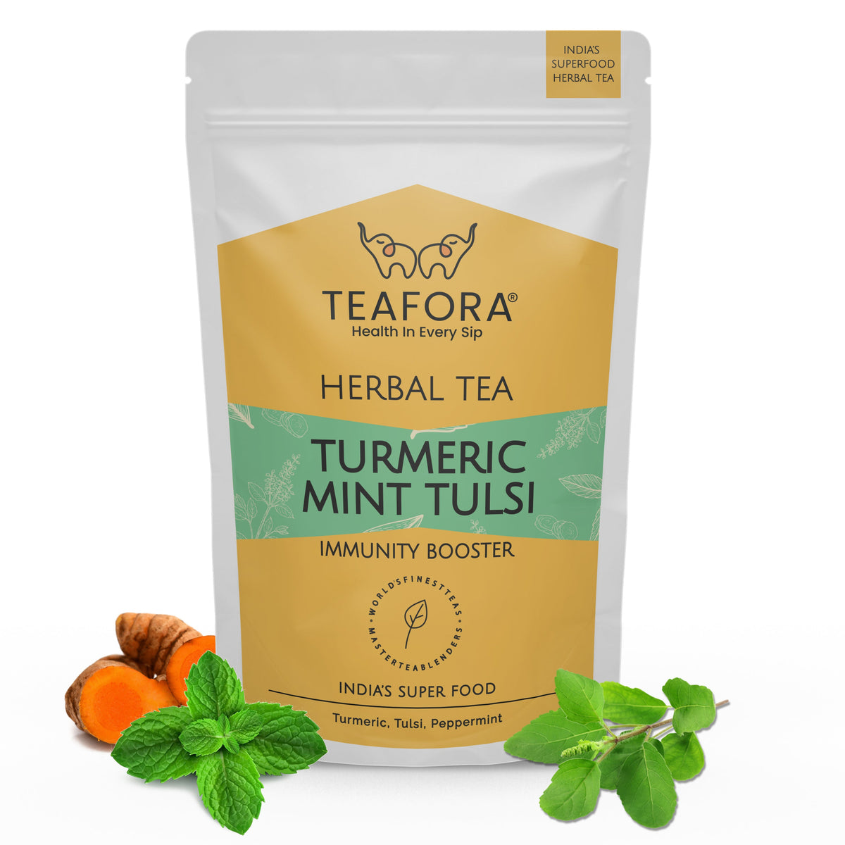 Image 1 of TEAFORA Turmeric Mint Tulsi Herbal Tea | Indian Superfoods | Blend of Turmeric, Tulsi & Peppermint | Immune Support | 100% NATURAL INGREDIENTS