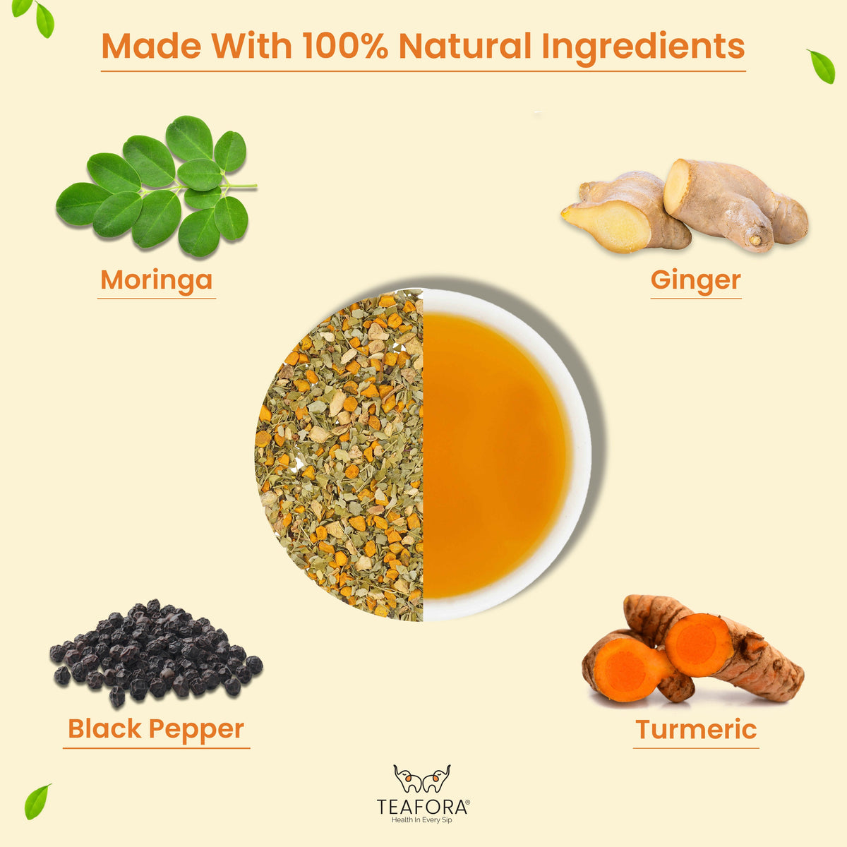 Image 3 of TEAFORA Turmeric Moringa Herbal Tea | Blend of Indian Superfoods Turmeric, Moringa, Ginger & Black Pepper | Supports Immunity | 100% NATURAL INGREDIENTS