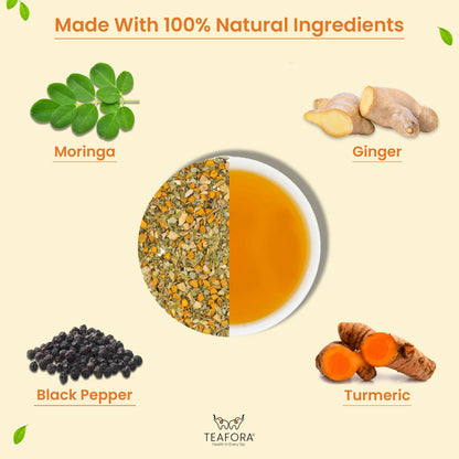 Image 3 of TEAFORA Turmeric Moringa Herbal Tea | Blend of Indian Superfoods Turmeric, Moringa, Ginger & Black Pepper | Supports Immunity | 100% NATURAL INGREDIENTS