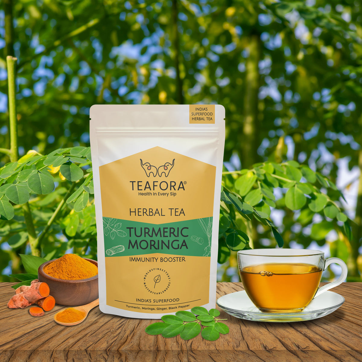 Image 2 of TEAFORA Turmeric Moringa Herbal Tea | Blend of Indian Superfoods Turmeric, Moringa, Ginger & Black Pepper | Supports Immunity | 100% NATURAL INGREDIENTS