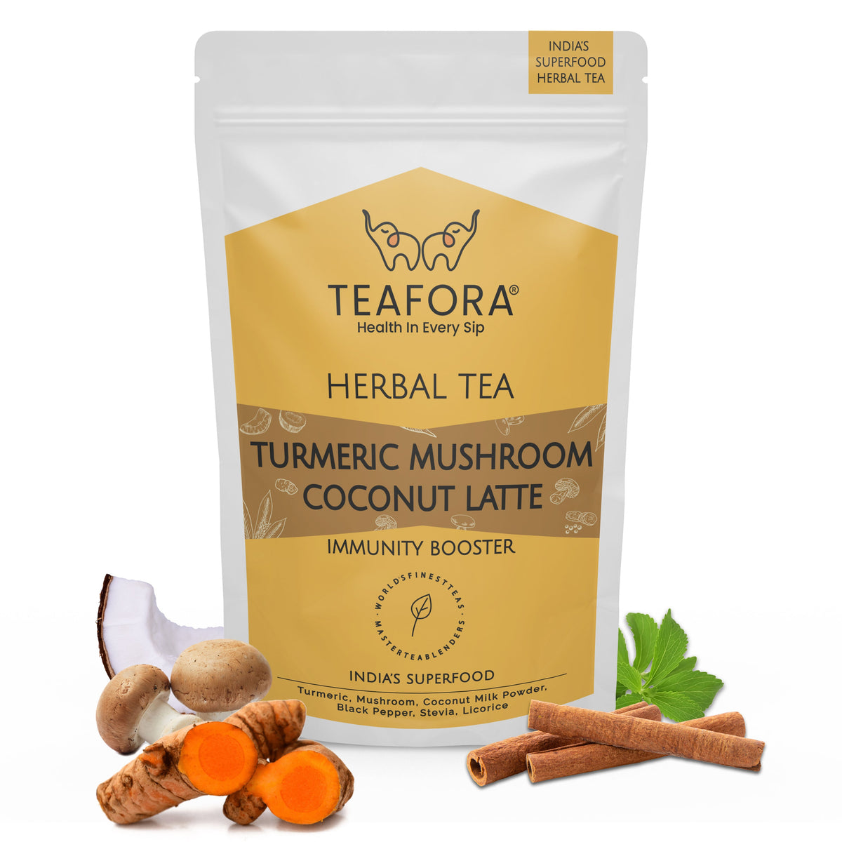 Image 1 of TEAFORA Turmeric Mushroom Coconut Latte | Caffeine-Free, Immunity-Boosting Herbal Tea Latte with Turmeric & Reishi Mushroom | 100% NATURAL INGREDIENTS