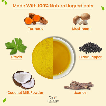 Image 3 of TEAFORA Turmeric Mushroom Coconut Latte | Caffeine-Free, Immunity-Boosting Herbal Tea Latte with Turmeric & Reishi Mushroom | 100% NATURAL INGREDIENTS
