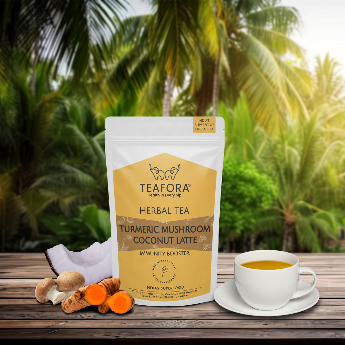 Image 2 of TEAFORA Turmeric Mushroom Coconut Latte | Caffeine-Free, Immunity-Boosting Herbal Tea Latte with Turmeric & Reishi Mushroom | 100% NATURAL INGREDIENTS