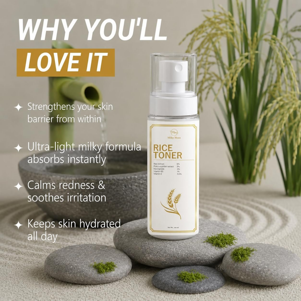 Image 4 of Milky Moon Rice Water Face Toner with Niacinamide & Ginseng For Clear, Glass Korean Skin