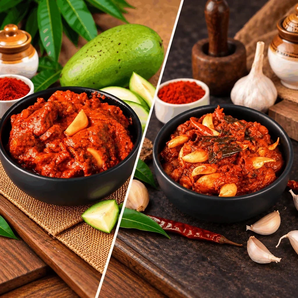 Image 1 of combo for the product Tenali Ruchulu Pickles Combo: Mango Pickle + Garlic Pickle