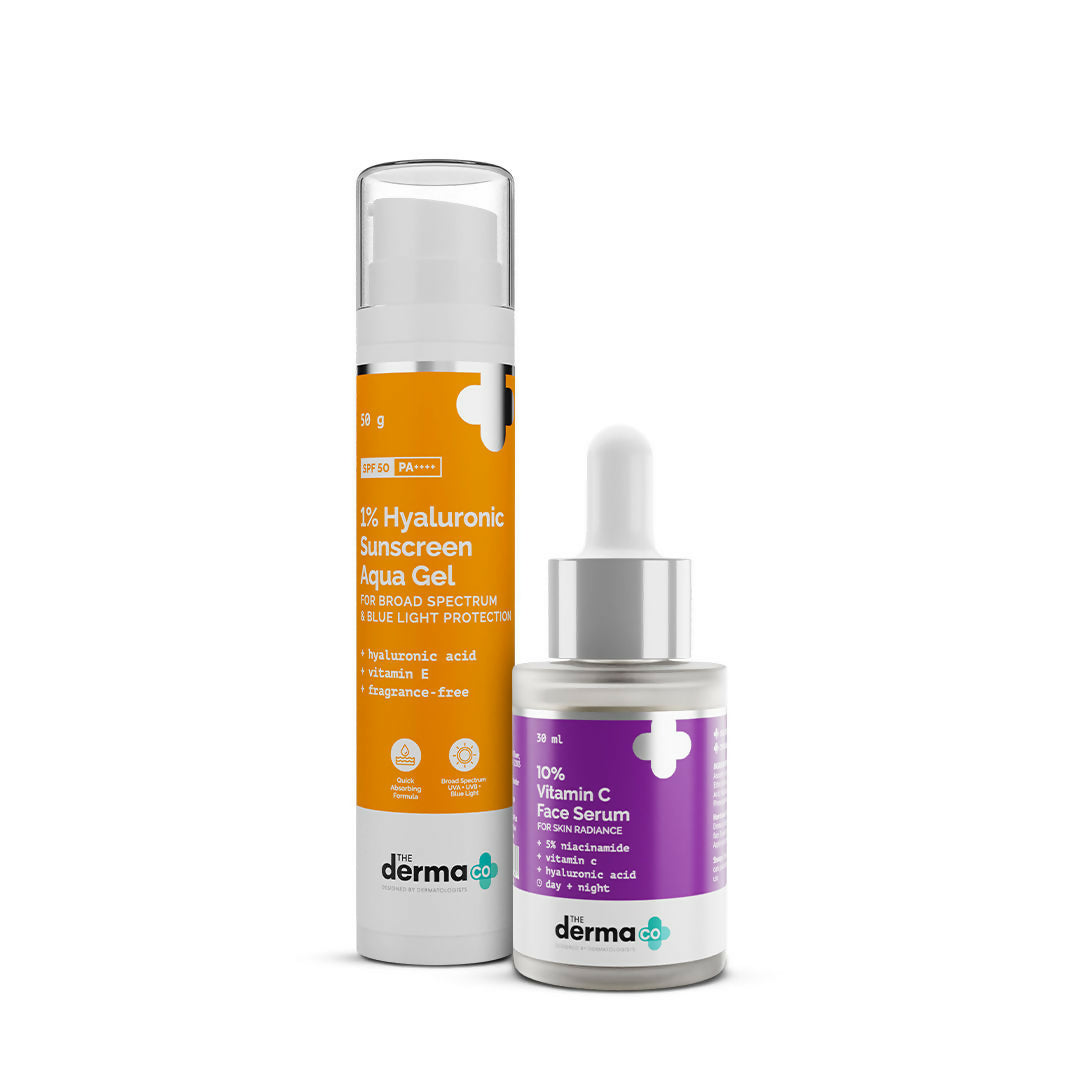 Image 1 of The Derma Co Radiance Combo - 10% Vitamin C Serum & 1% Hyaluronic Sunscreen Gel SPF 50 PA++++