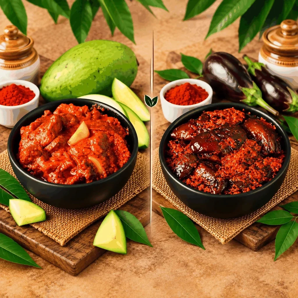 Image 1 of combo for the product Tenali Ruchulu Pickles Combo: Mango Pickle + Vankaya Pickle