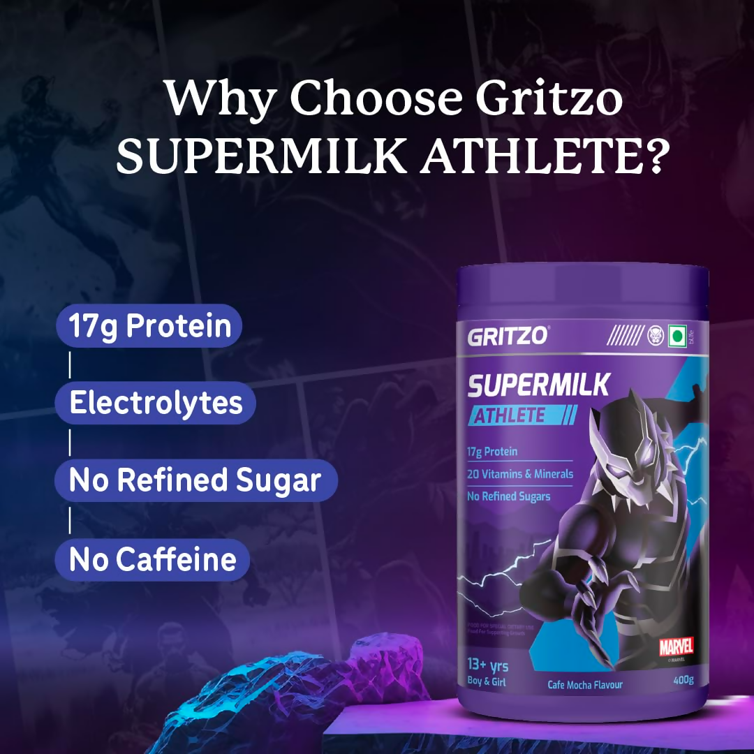 Image 9 of Gritzo SuperMilk Athlete Black Panther (13+y Boy & Girl), 17g Protein Powder (Cafe Mocha)