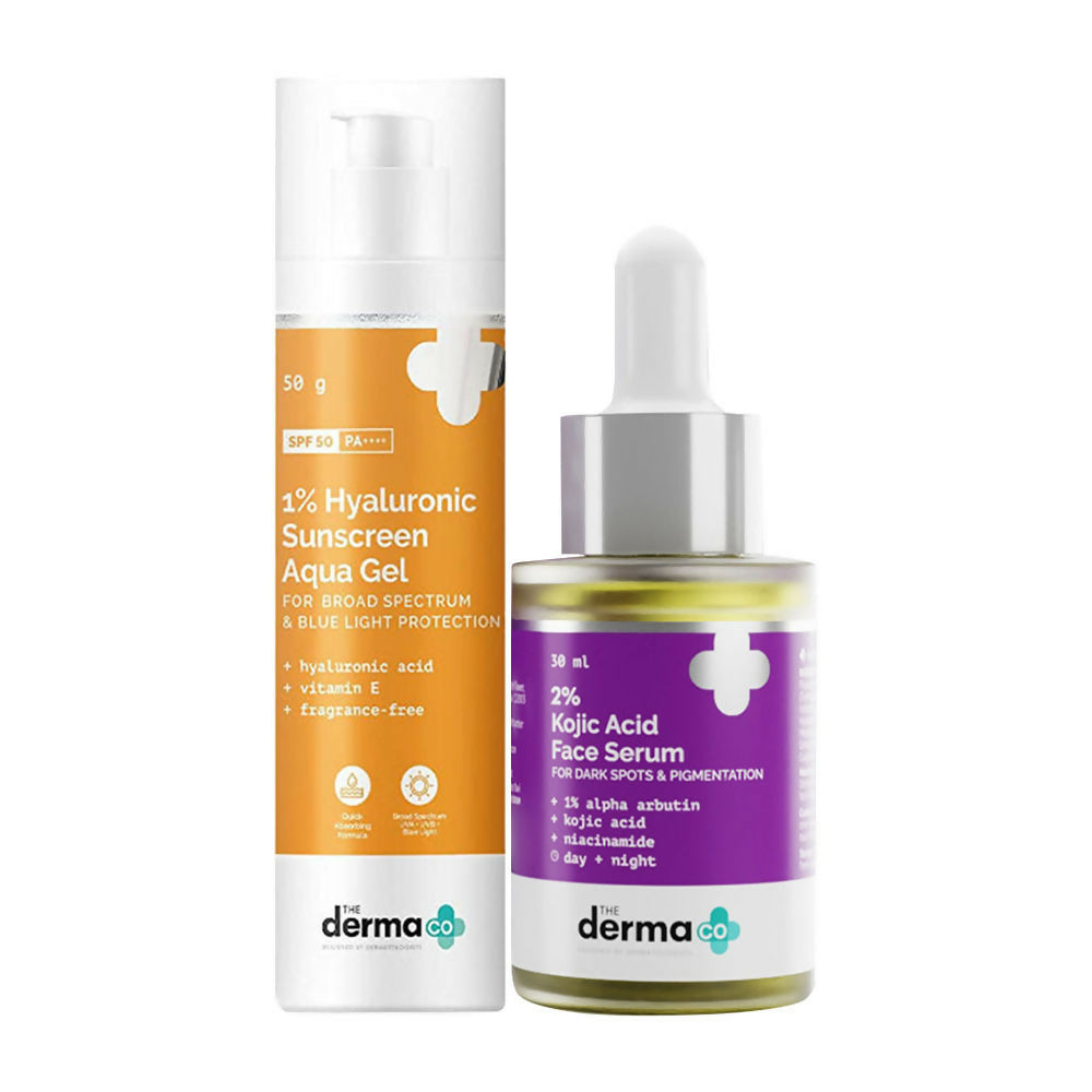 Image 1 of The Derma Co 2% Kojic Acid Face Serum & 1% Hyaluronic Sunscreen Aqua Gel SPF 50 Combo