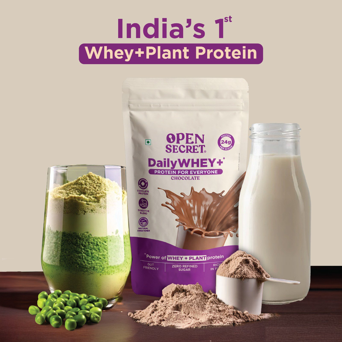 Image 1 of Open Secret DailyWHEY+ | Blend of Whey + Plant Protein | 24g Protein Per Scoop | Chocolate Flavor | 1 kg