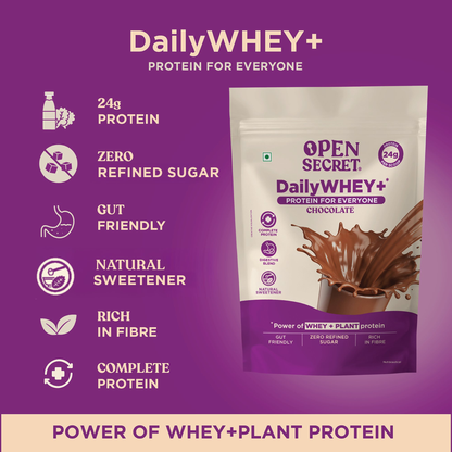 Image 3 of Open Secret DailyWHEY+ | Blend of Whey + Plant Protein | 24g Protein Per Scoop | Chocolate Flavor | 500 g