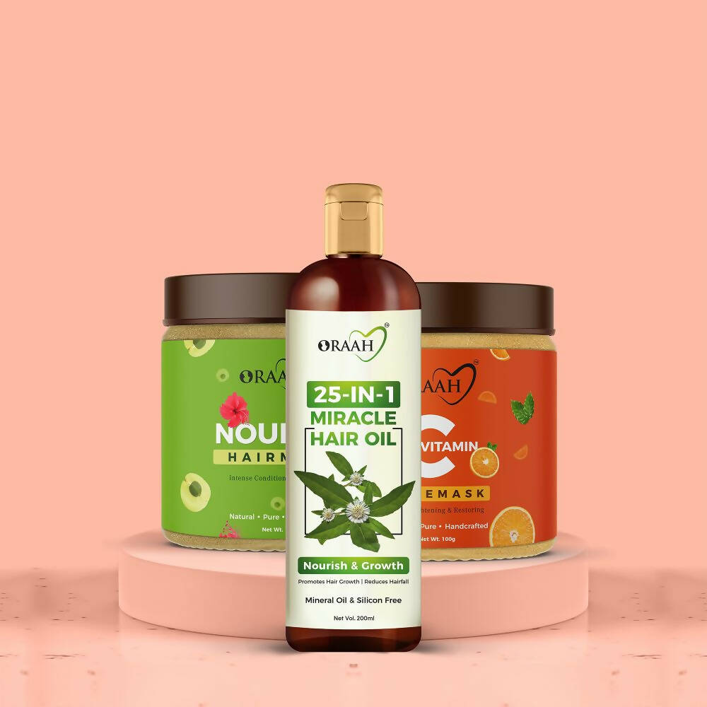 Image 1 of Combo / Pack of 1 for the product Oraah Beauty Care Combo (Hair oil + Hair Mask + Vitamin C Face Mask)