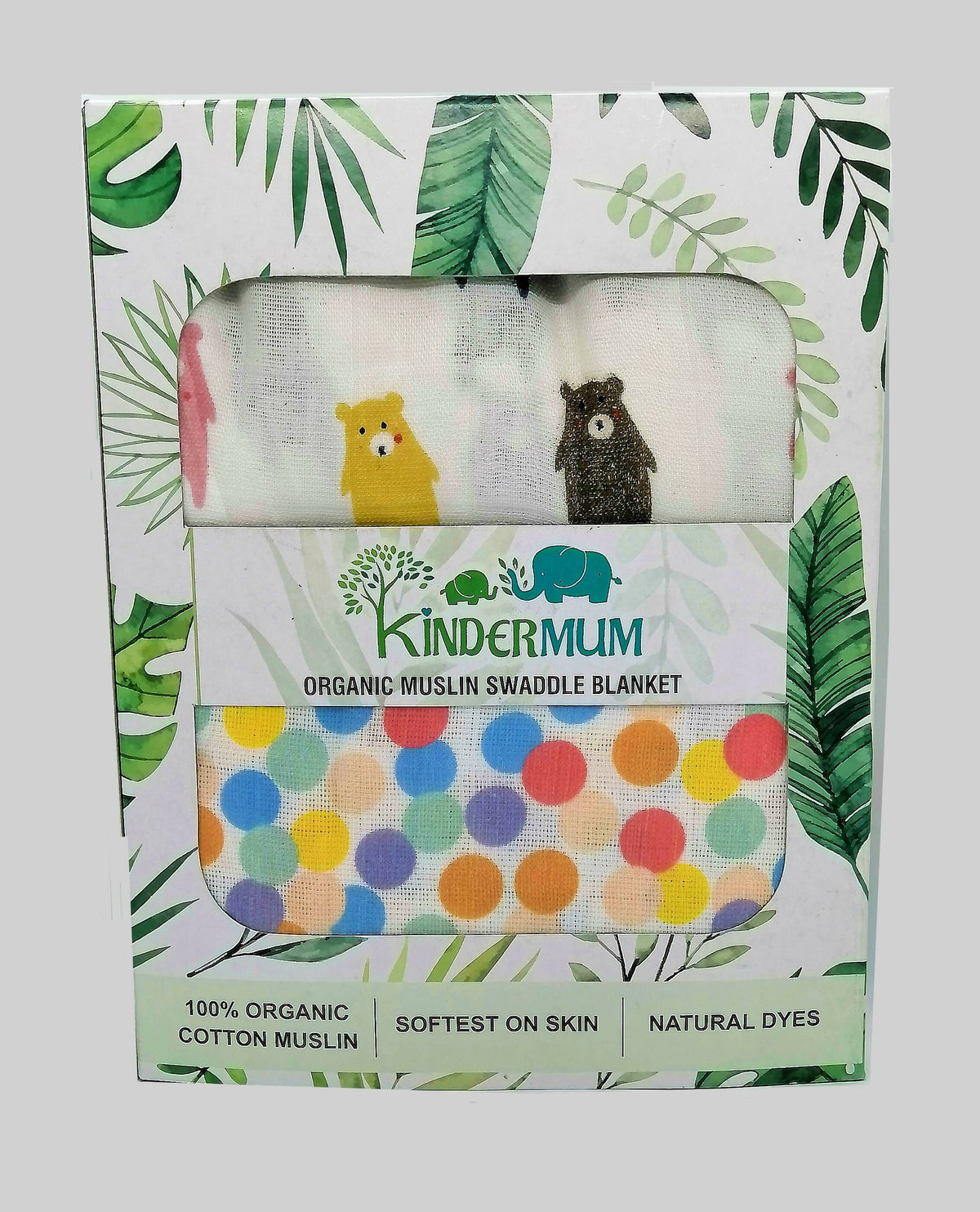 Image 8 of Kindermum Organic Cotton Muslin Swaddle Blanket 110 Cm X 110 Cm - Set Of 2 - Colorful Polka And Bear