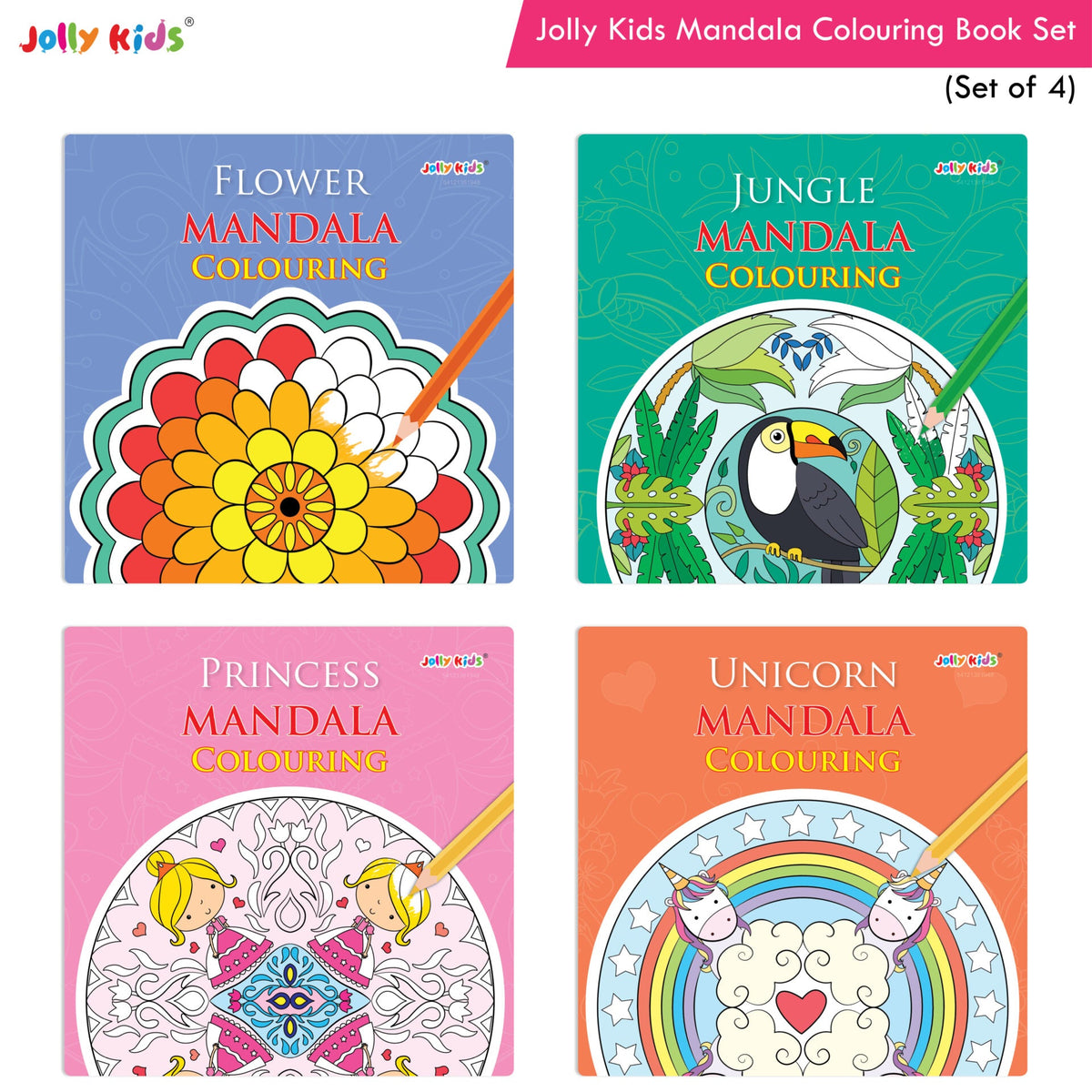 Image 2 of Jolly Kids Mandala Colouring Books Set| Set of 4| Colouring Book: Stress Relieving Designs Flower, Jungle, Princess & Unicorn Colouring Books