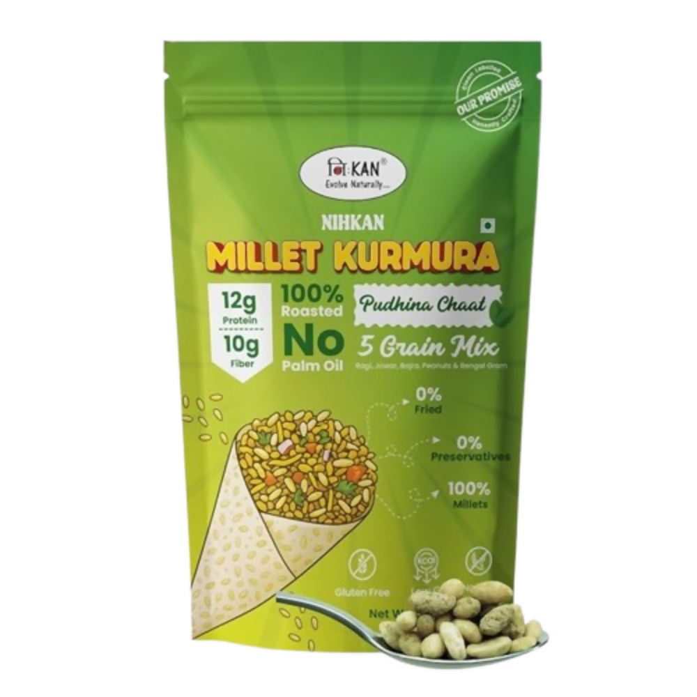 Image 1 of 70 gm for the product NIHKAN Roasted Ragi Jowar Bajra Kurmura Puffs Mix - Pudina Chaat Flavour