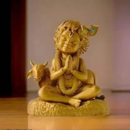 Image 6 of Krishna Laddu Gopal Murti with Cow - Golden Krishna