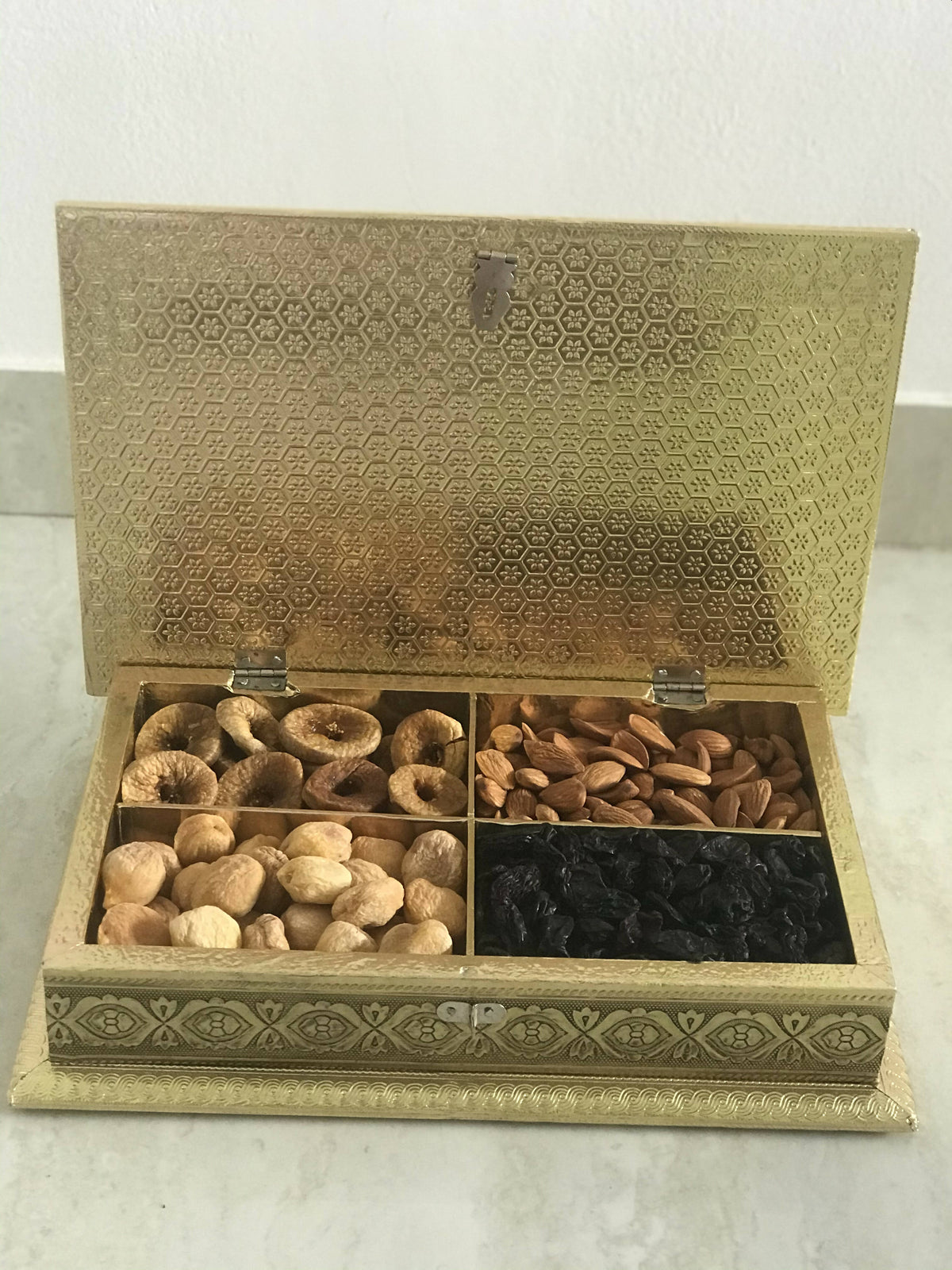 Image 5 of SK Mithaii | Assorted Rajasthani Elephant Design Dry Fruit Box | Almonds | Apricots | Figs | Black Resins |4 Partition