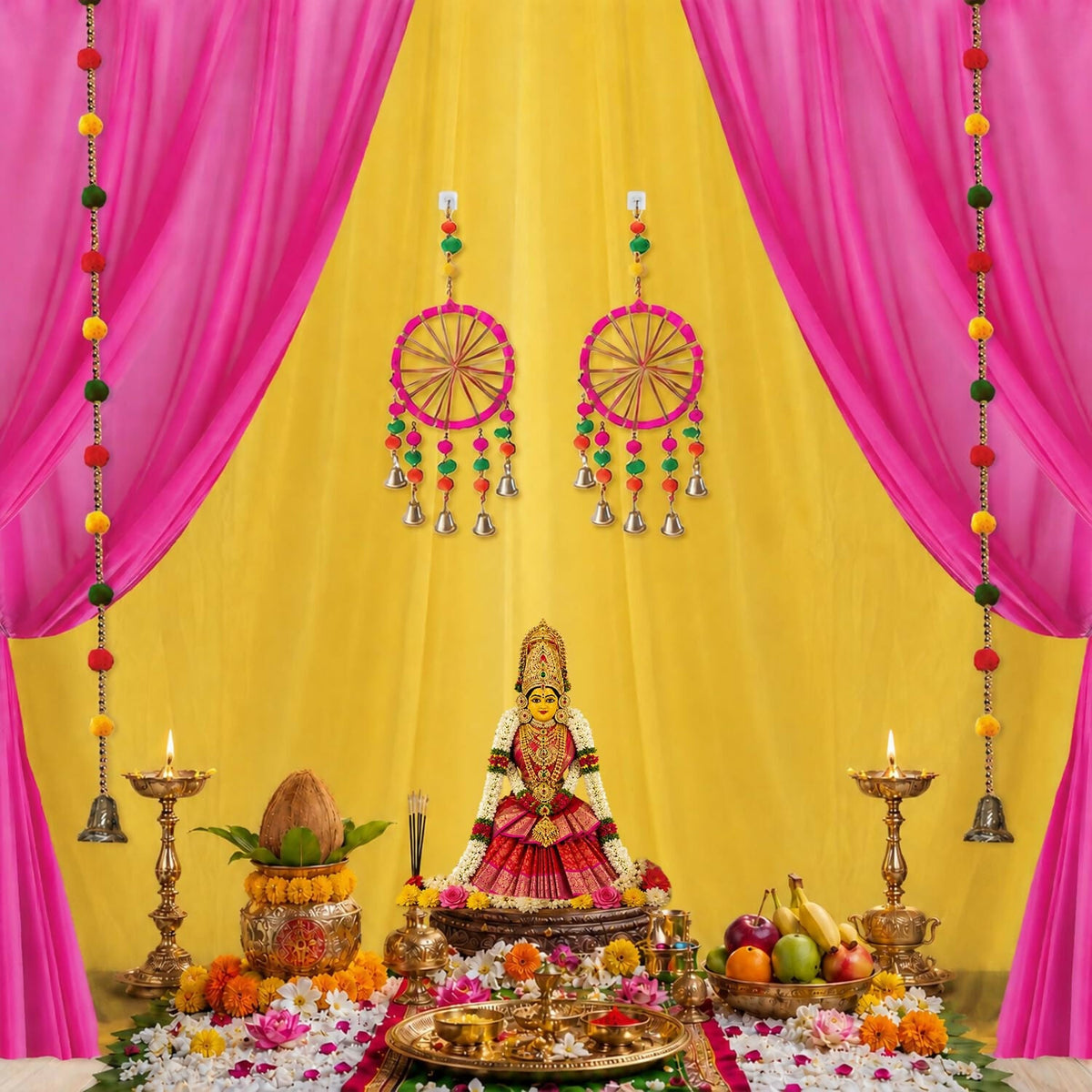 Image 6 of Party Propz Ganpati Backdrop Decoration Set – 12 Pcs Pink & Yellow Satin Pooja Cloth