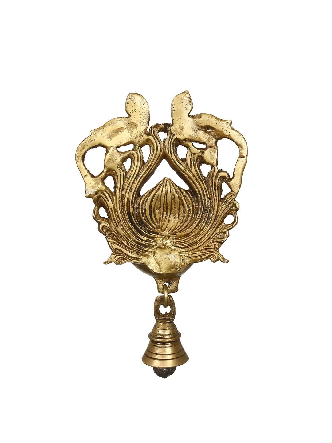 Image 3 of eCraftIndia Gold-Toned Handcrafted Antique Finish Diya with Bells Decorative Wall Hanging Showpiece