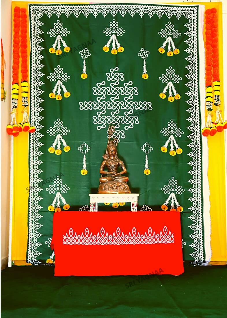 Image 4 of Sri Yagnaa Decoration M 1 – Green Muggu Backdrop Cloth with Flower Hanging Design, 5 x 8 Ft