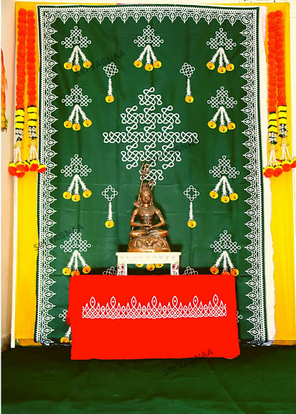 Image 4 of Sri Yagnaa Decoration M 1 – Green Muggu Backdrop Cloth with Flower Hanging Design, 5 x 8 Ft