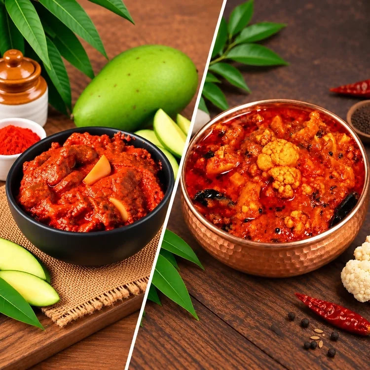 Image 1 of combo for the product Tenali Ruchulu Pickles Combo: Mango Pickle + Cauliflower Avakaya Pickle