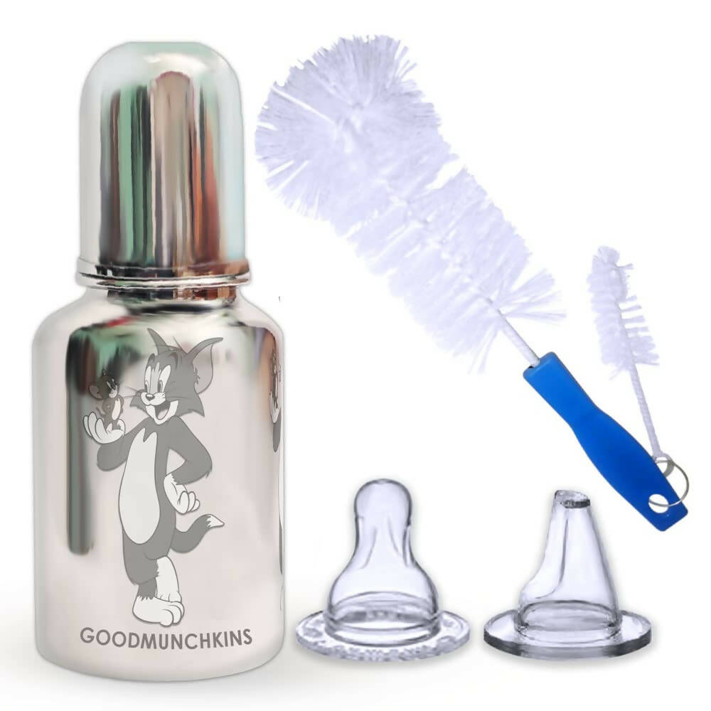 Image 1 of Combo for the product Goodmunchkins Stainless Steel Feeding Bottle with Anti Colic Silicone Nipple/Bottle Cleaning Nylon Brush (300ml, Blue)