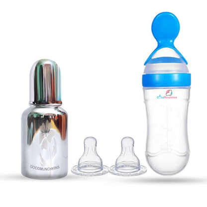 Image 1 of Combo for the product Goodmunchkins Stainless Steel Feeding Bottle & Spoon Food Feeder Anti Colic Silicone Nipple Combo-(Blue, 150ml)