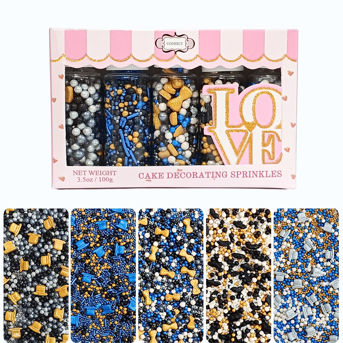 Image 1 of 100 gm for the product Confect Black, Blue & White | (03) Father's Day Sprinkles