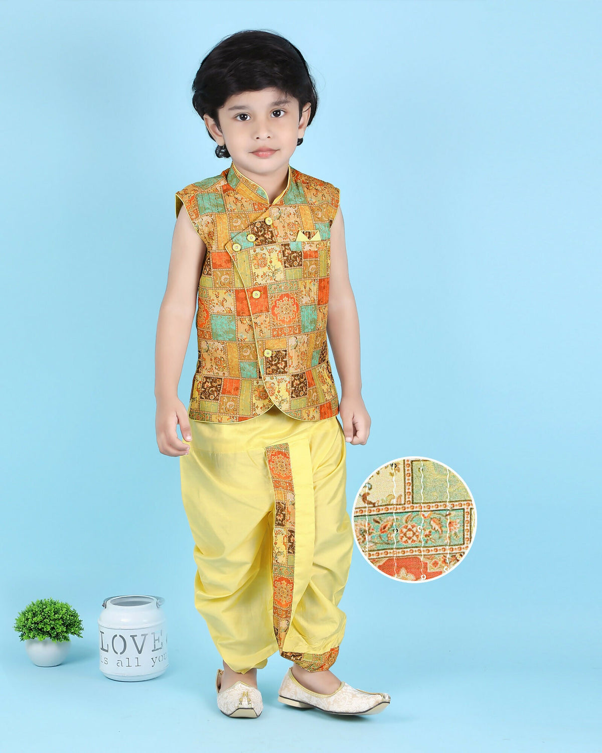 Image 1 of Joban Fashion Kids Island Cotton Sleeveless printed Kurta and Solid Dhoti - Yellow