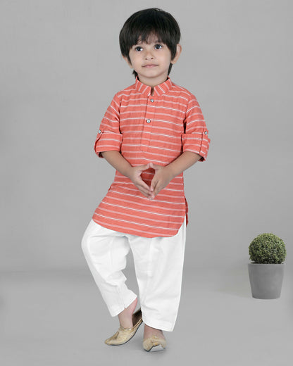 Image 1 of Joban Fashion Kids Island Cotton Full Sleeves Striped Kurta and Pyjama- Peach