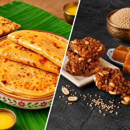Image 1 of combo for the product Tenali Ruchulu - Ghee Bobbatlu + Millet Boondi Achulu