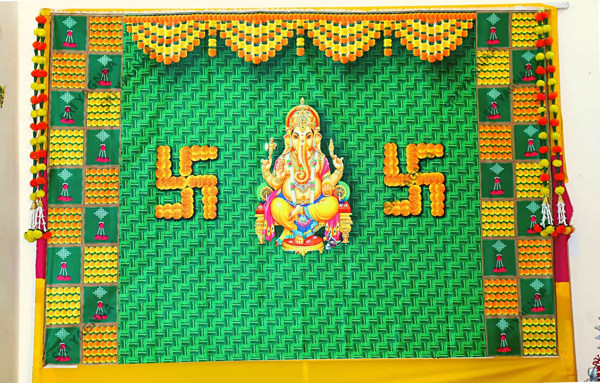 Image 2 of Sri Yagnaa M 28 – Swastik Ganesh Pooja Backdrop Cloth, 8 x 5 Ft