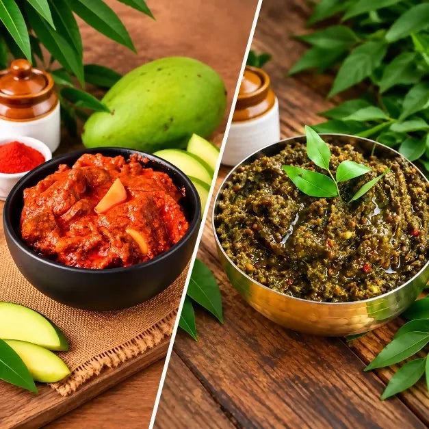Image 1 of combo for the product Tenali Ruchulu Pickles Combo: Mango Pickle + Karivepaku Pickle