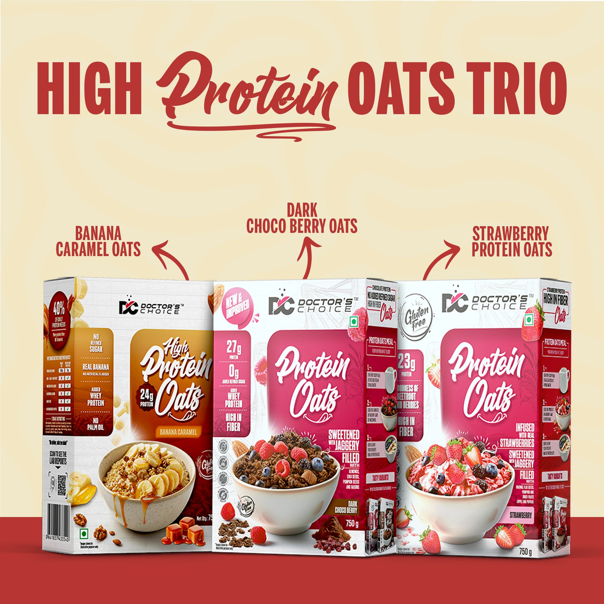 Image 2 of Doctor's Choice Protein Oats Combo – Banana Caramel + Dark Chocoberry + Strawberry (each 750g)
