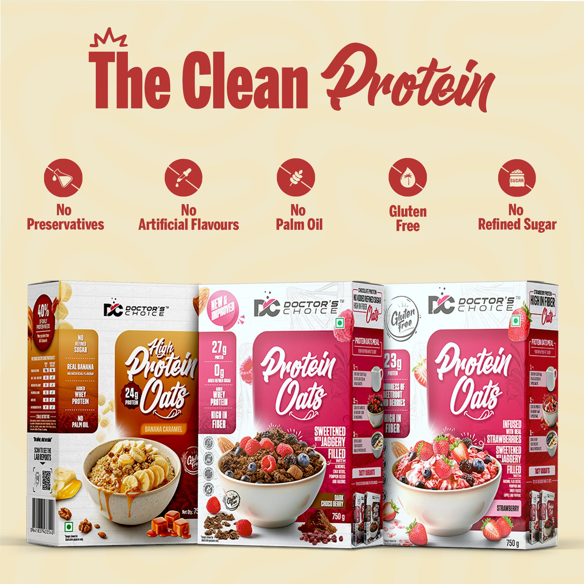 Image 3 of Doctor's Choice Protein Oats Combo – Banana Caramel + Dark Chocoberry + Strawberry (each 750g)