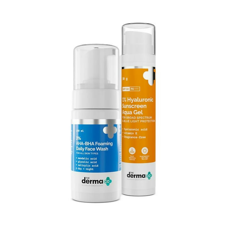 Image 1 of The Derma Co1% Hyaluronic Sunscreen Aqua Gel + 3% AHA+BHA Foaming Daily Face Wash
