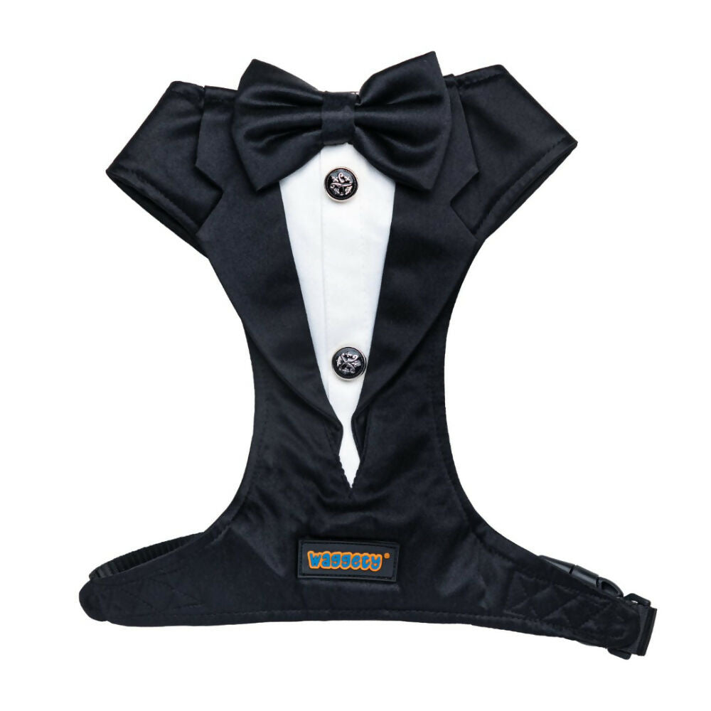 Image 1 of Dogssmall for the product Waggety Tuxedo Dog Harness - Stylish Black & White Design, Adjustable Fit, Durable Fabric, Elegant Pet Harness for Dogs