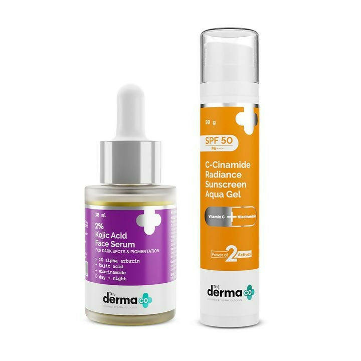 Image 1 of The Derma Co Radiant & Glowing Skin Combo: 2% Kojic Acid Face Serum & C-Cinamide Radiance Sunscreen Aqva Gel