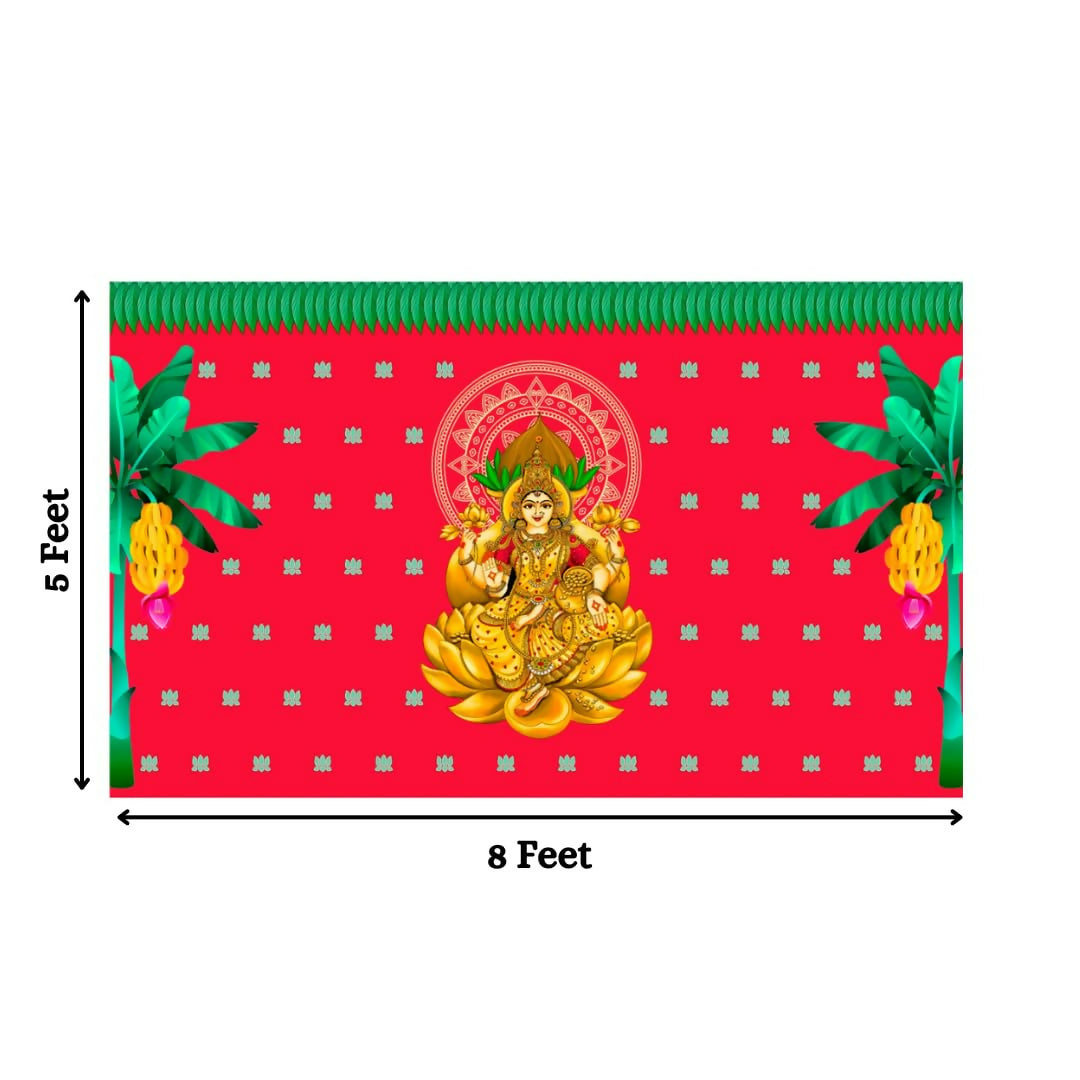 Image 3 of Sri Yagnaa M 26 – Varalakshmi Devi Red Backdrop Cloth with Banana Trees, 8 x 5 Ft