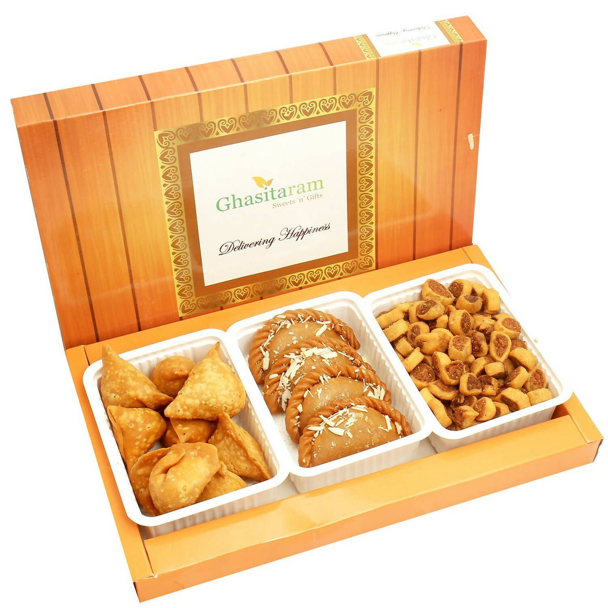 Image 1 of 600 gm for the product Ghasitaram Holi Hampers: Gujiya, Farsan Samosa and Bhakar Wadi hamper