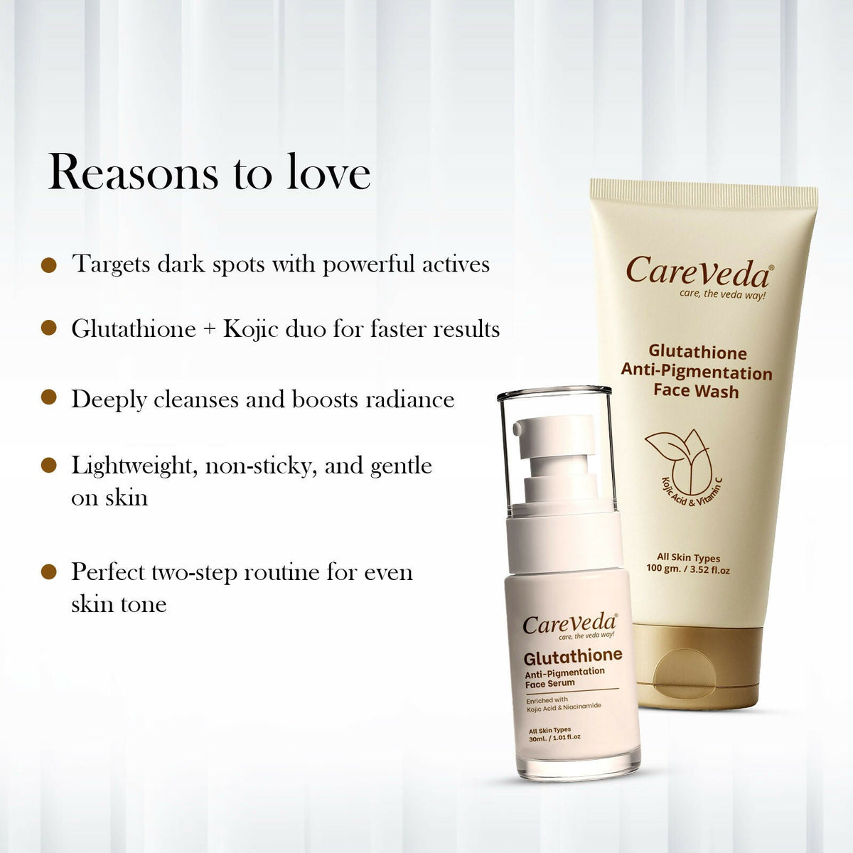 Image 4 of CareVeda Glutathione Skin Care Set of 2 | Face Wash & Face Serum for Bright, Even-Toned Skin | Anti-Pigmentation & Glow Boost | For Men & Women